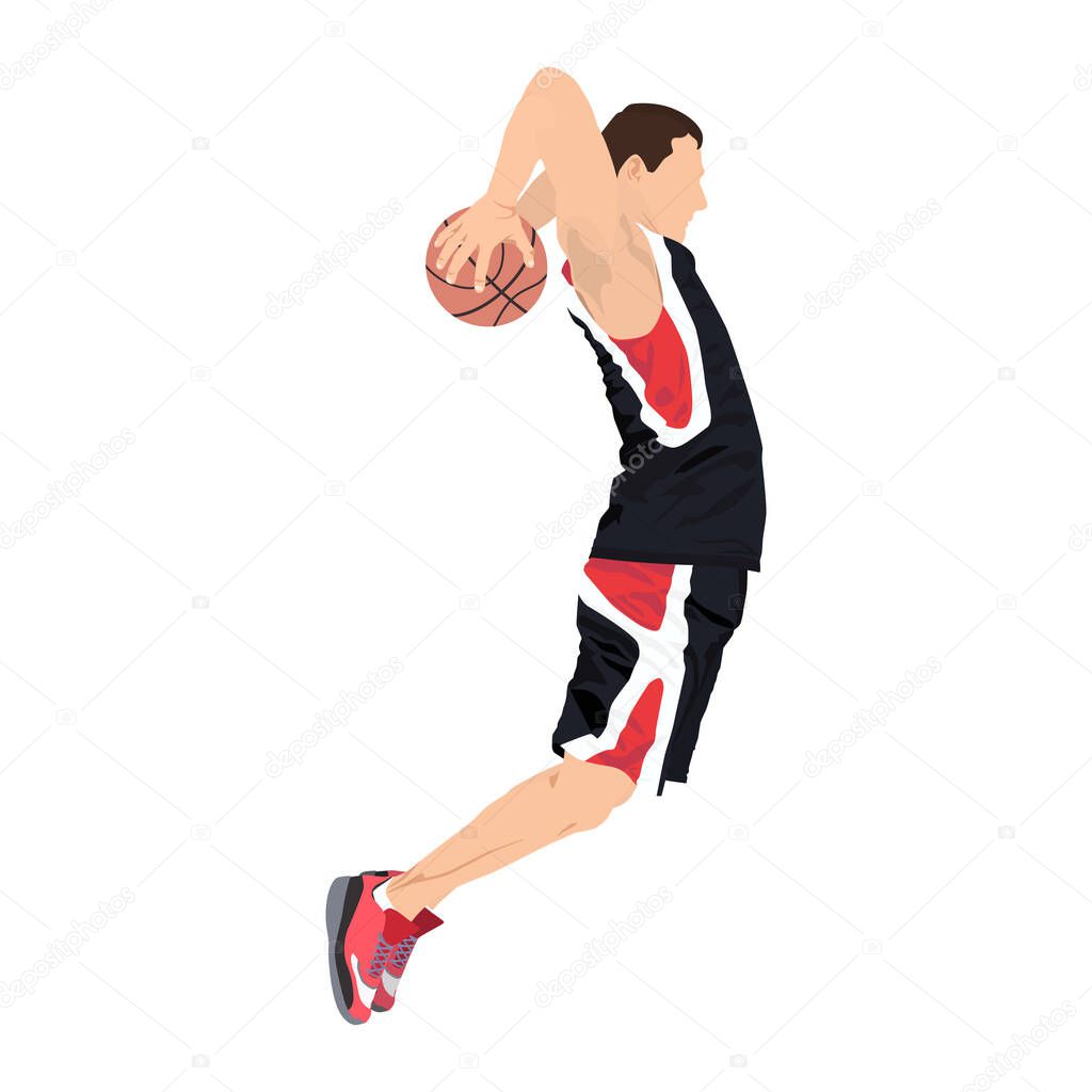 Young man athlete, professional basketball player shooting ball into the hoop jumping in the air, vector illustration. Sport and healthy lifestyle. Slam dunk. Basketball shooting technique.