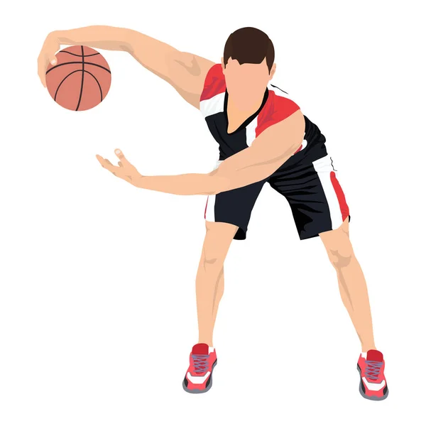 Jugador de baloncesto profesional con pelota, ilustración vectorial. Baloncesto driblando habilidades. — Archivo Imágenes Vectoriales