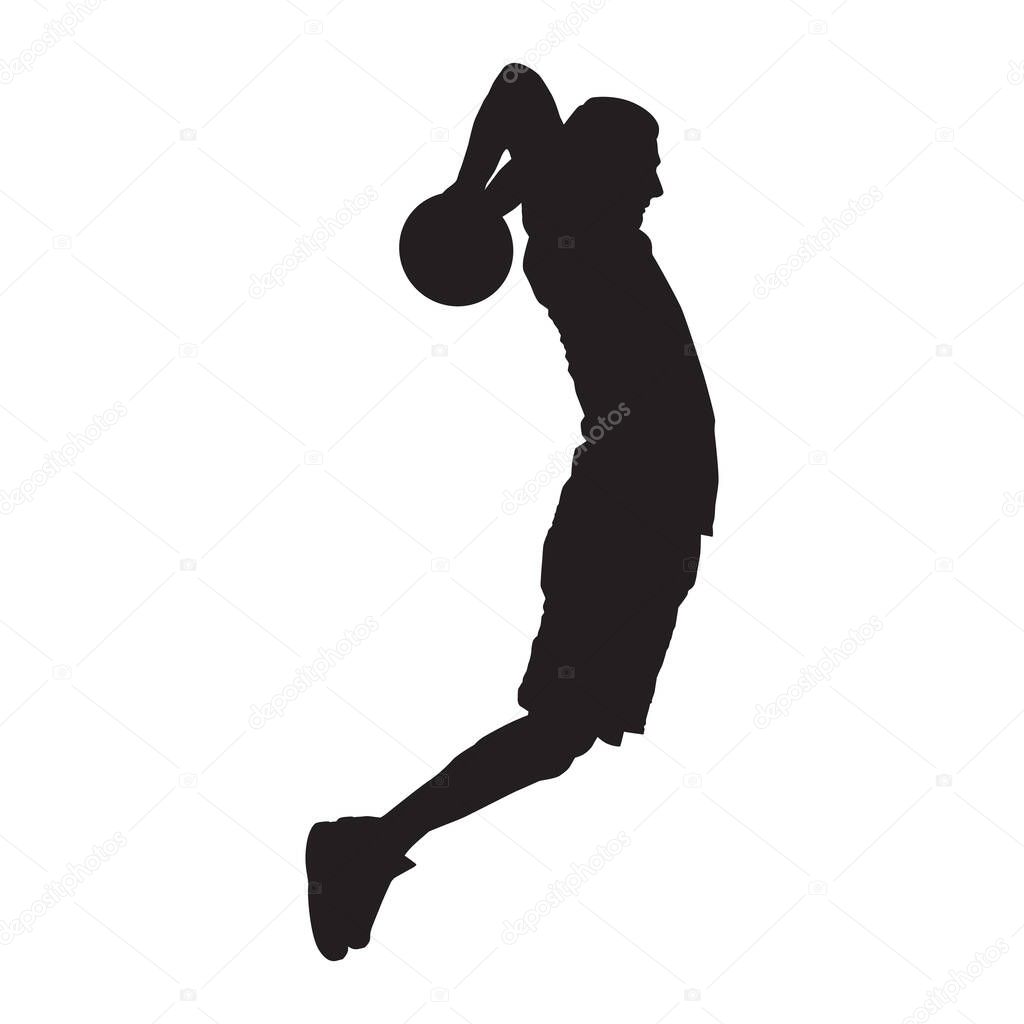 Professional basketball player silhouette shooting ball into the hoop, vector illustration. Slam dunk shooting technique