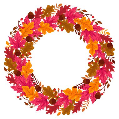 Parlak meşe ve akçaağaç yapraklarıyla sonbahar çelengi, böğürtlen, meşe palamudu, dallar. Çiçeksel yuvarlak çerçeve, vektör illüstrasyonu.