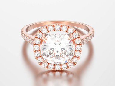 3D illüstrasyon gül altın nişan yastığı elmas alyans gri bir arka plan üzerinde