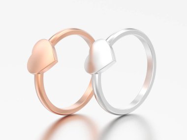 3D resimde iki gümüş ve gri bir arka plan üzerinde altın nişan düğün kalp yüzük