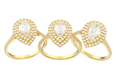 Üç Altın dekoratif armut elmas yüzük beyaz bir arka plan üzerinde 3D illüstrasyon izole