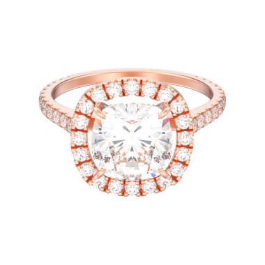 3D illüstrasyon gül altın nişan yastığı elmas alyans beyaz bir arka plan üzerinde