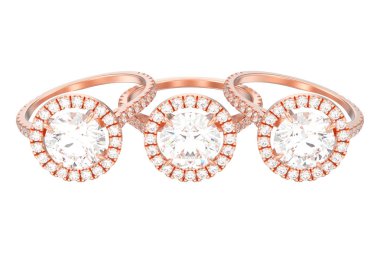 üç gül altın nişan düğün elmas yüzük beyaz bir arka plan üzerinde 3D illüstrasyon izole