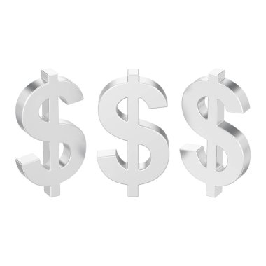 beyaz bir arka plan üzerinde farklı görünüm üç gümüş dolar para 3D illüstrasyon izole