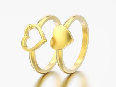 3D resimde iki altın nişan düğün kalp yüzük gri bir arka plan üzerinde