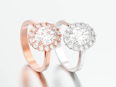 3D resimde iki gül altın ve gümüş oval halo elmas nişan alyans gri bir arka plan üzerinde