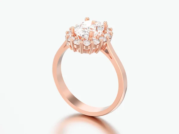 3D illustration rose gold oval halo diamond engagement wedding ring on a grey background