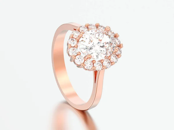 3D illustration rose gold oval halo diamond engagement wedding ring on a grey background