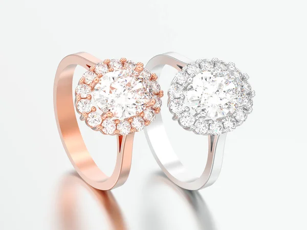 Ilustração Dois Ouro Rosa Prata Oval Halo Diamante Noivado Anéis — Fotografia de Stock