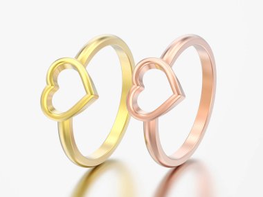 gri bir arka plan üzerinde kalp yüzük düğün 3d resimde iki sarı ve gül altın nişan