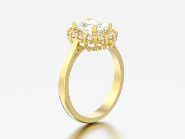 3D çizim altın oval halo elmas nişan düğün yüzüğü gri bir arka plan üzerinde