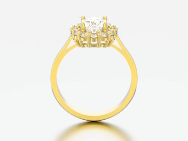 3D çizim altın oval halo elmas nişan düğün yüzüğü gri bir arka plan üzerinde