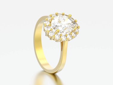 3D çizim altın oval halo elmas nişan düğün yüzüğü gri bir arka plan üzerinde