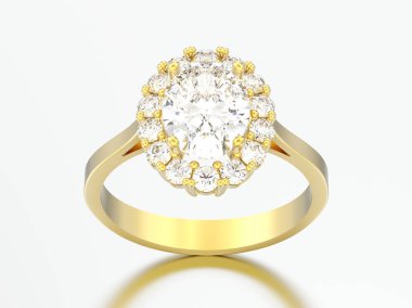 3D çizim altın oval halo elmas nişan düğün yüzüğü gri bir arka plan üzerinde