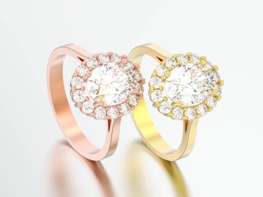 3D resimde iki gül ve sarı altın oval halo elmas nişan alyans gri bir arka plan üzerinde