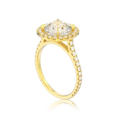 3D illüstrasyon izole altın nişan yastığı elmas alyans beyaz bir arka plan yansıması ile