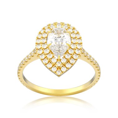 Altın dekoratif armut elmas yüzük beyaz bir arka plan yansıması ile 3D illüstrasyon izole