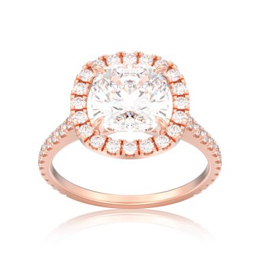 3D illüstrasyon izole gül altın nişan yastık elmas alyans beyaz bir adam yansıması ile