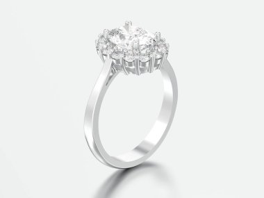 3D çizim oval halo elmas nişan alyans gri bir arka plan üzerinde gümüş