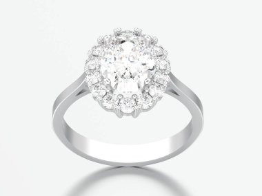 3D çizim oval halo elmas nişan alyans gri bir arka plan üzerinde gümüş