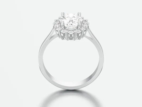 Illusztráció Ezüst Ovális Halo Gyémánt Esküvői Jegygyűrűt Szürke Háttér — Stock Fotó