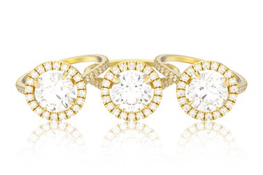 üç altın nişan düğün elmas yüzük ile beyaz bir arka planda yansıma yuvarlak 3D illüstrasyon izole