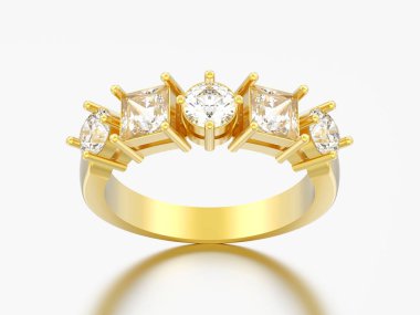 gri bir arka plan üzerinde farklı yuvarlak ve kare elmas ile 3D çizim Altın dekoratif halka