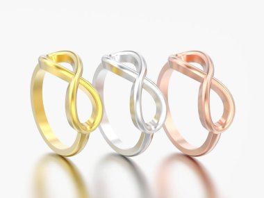 gri bir arka plan üzerinde 3D resimde üç farklı altın basit sonsuzluk yüzük