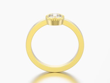 3D çizim altın düğün solitaire yuvarlak elmas kaplama yüzük gri bir arka plan üzerinde