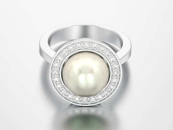 Ilustración Anillo Compromiso Diamantes Plata Con Perla Sobre Fondo Gris — Foto de Stock