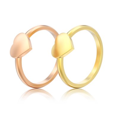 3D illüstrasyon izole iki gül ve beyaz bir arka plan yansıması ile sarı altın nişan düğün kalp yüzük