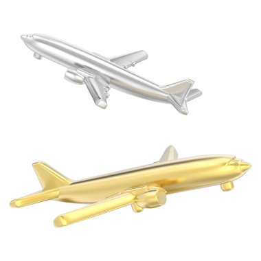 iki altın ve gümüş uçaklar beyaz bir arka plan üzerinde 3D illüstrasyon izole