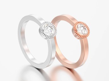 3D resimde iki gümüş ve gül altın düğün solitaire yuvarlak elmas kaplama yüzük gri bir arka plan üzerinde