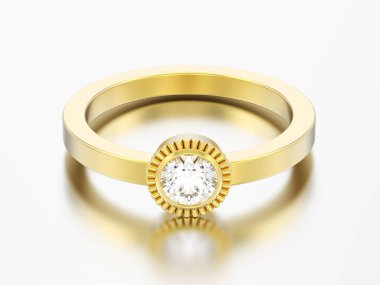 3D çizim altın düğün solitaire yuvarlak elmas kaplama yüzük gri bir arka plan üzerinde