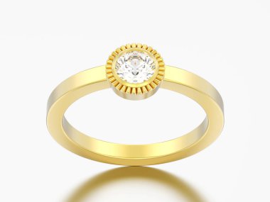 3D çizim altın düğün solitaire yuvarlak elmas kaplama yüzük gri bir arka plan üzerinde