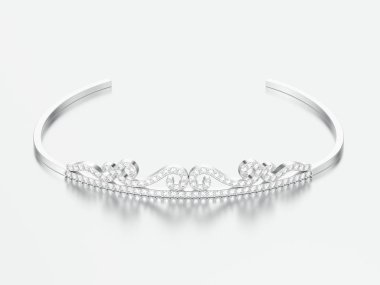 3D resimde beyaz altın veya gümüş basit elmas taç diadema gri bir arka plan üzerinde