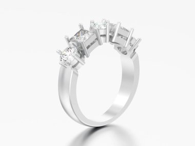 dekoratif 3D çizim Gümüş Yüzükler gri bir arka plan üzerinde farklı yuvarlak ve kare elmas