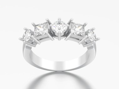 dekoratif 3D çizim Gümüş Yüzükler gri bir arka plan üzerinde farklı yuvarlak ve kare elmas