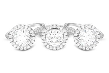 3D illüstrasyon üç gümüş nişan düğün elmas yüzük ile gölge beyaz bir arka plan üzerinde yuvarlak izole