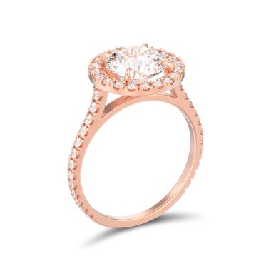 3D illüstrasyon izole gül altın nişan düğün yuvarlak elmas yüzük ile gölge beyaz bir arka plan üzerinde