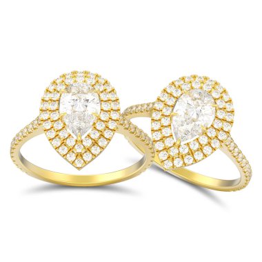 3D resimde iki altın dekoratif armut elmas yüzük ile beyaz bir arka plan üzerinde gölge izole