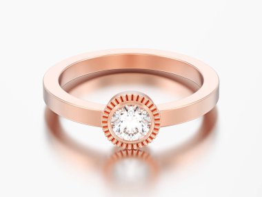 3D çizim gül altın düğün solitaire yuvarlak elmas kaplama yüzük gri bir arka plan üzerinde