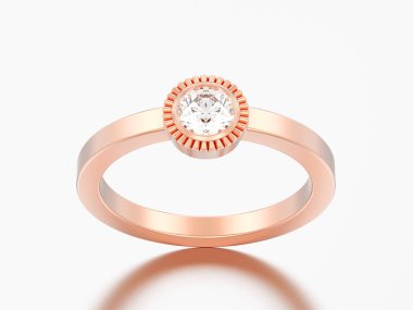 3D çizim gül altın düğün solitaire yuvarlak elmas kaplama yüzük gri bir arka plan üzerinde