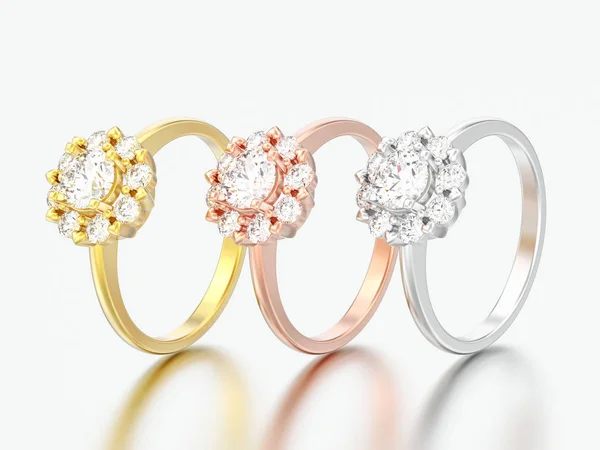 Ilustração Três Diferentes Anéis Diamante Noivado Ouro Fundo Cinza — Fotografia de Stock