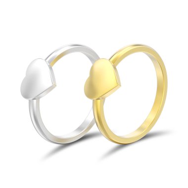 3D resimde iki izole gümüş ve altın nişan düğün kalp yüzük beyaz zemin üzerine gölge ile