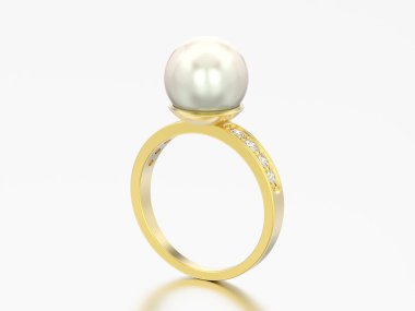 3D çizim altın elmas nişan alyans inci gri bir arka plan ile