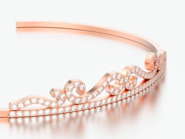 3D çizim yakın zoom makroyu oluşturan altın basit elmas taç diadema gri bir arka plan üzerinde yükseldi