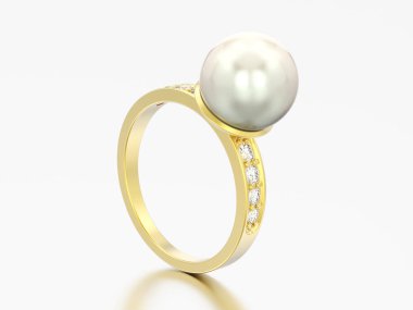 3D çizim altın elmas nişan alyans inci gri bir arka plan ile